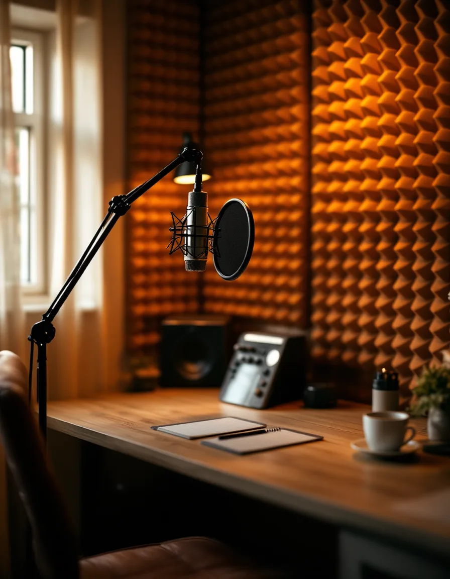 A condenser microphone and acoustic foam in a warm, dimly lit studio corner