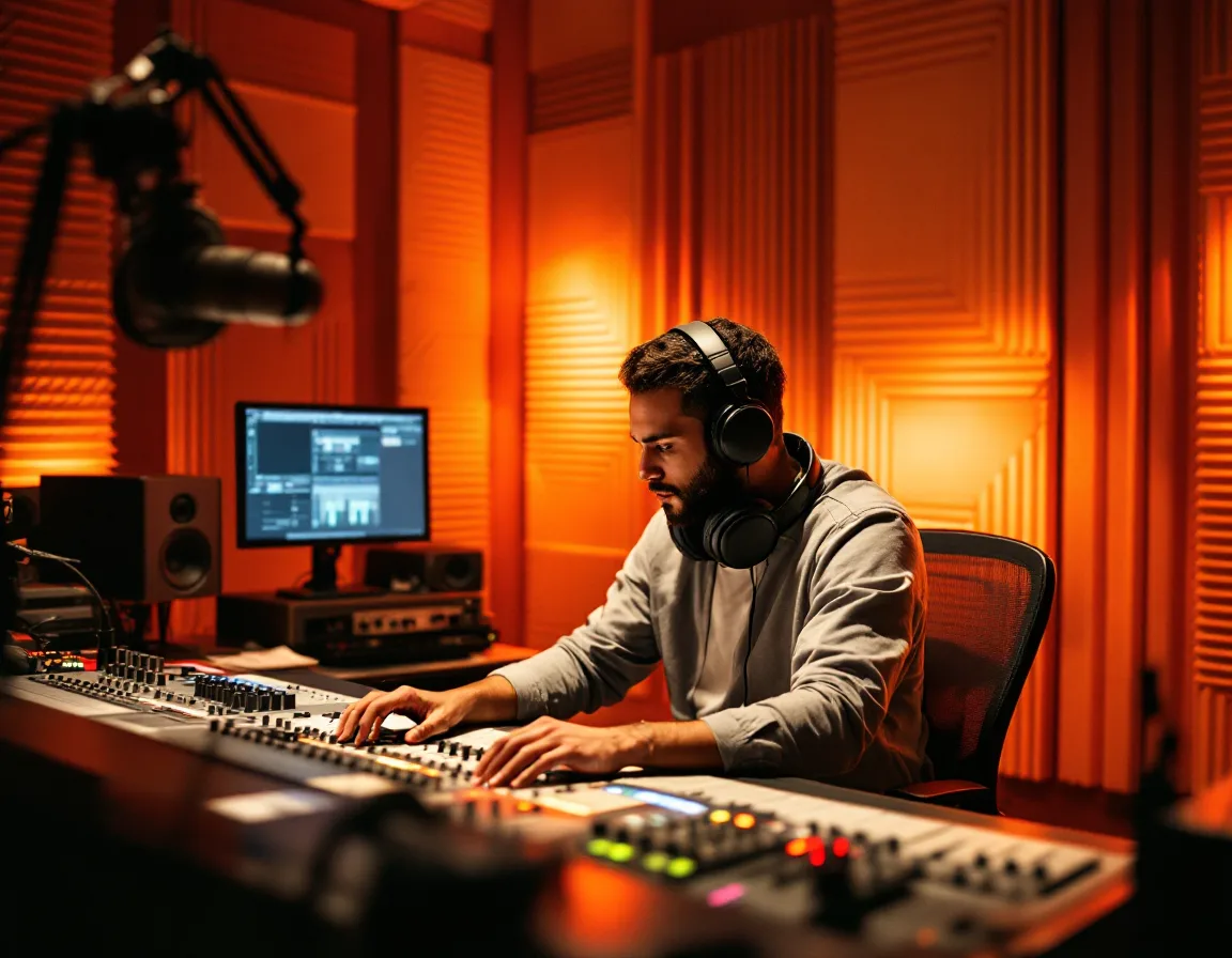 An audio engineer working at a mixing console with hands on the faders